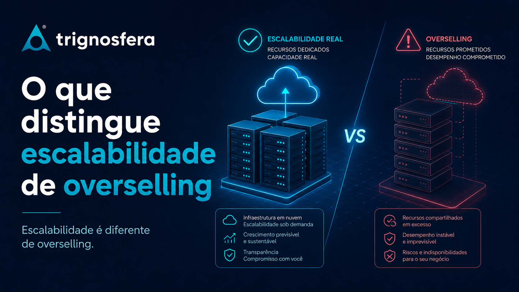 Comparação entre escalabilidade real em cloud hosting e práticas de overselling.